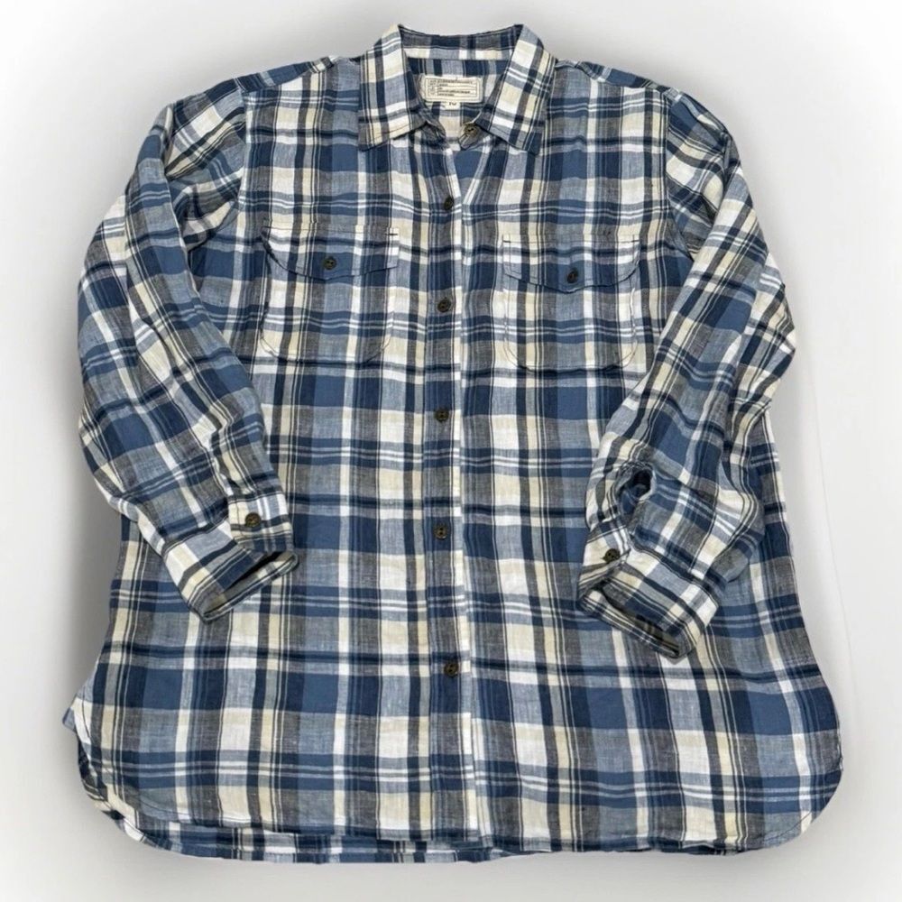 Current/Elliott Womens Linen Blue Plaid Loose Button Down Shirt Sz 2 GUC